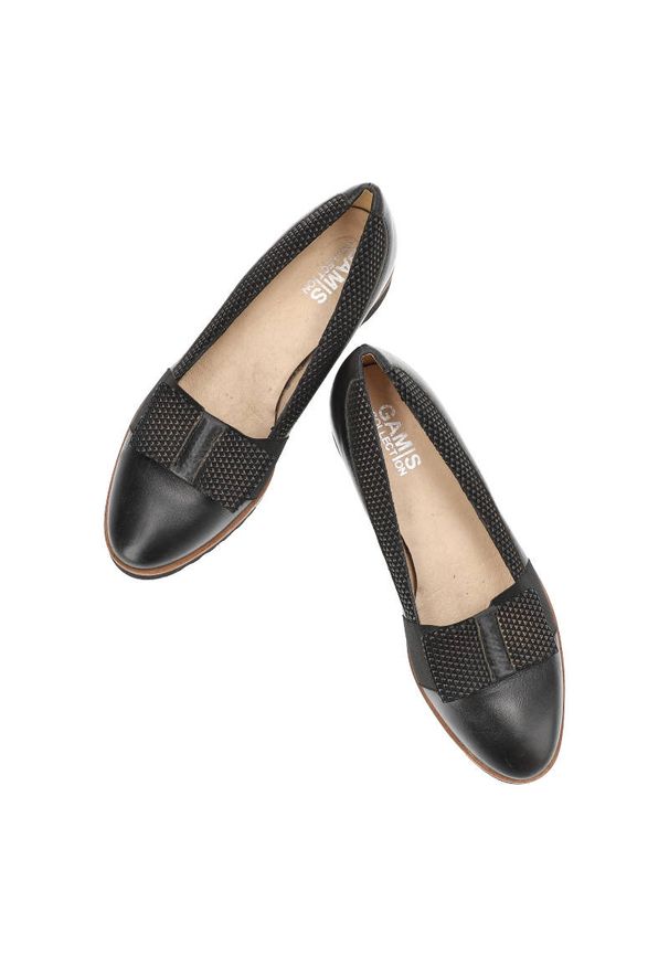 Czarne Półbuty Gamis Skórzane Buty Damskie. Kolor: czarny. Materiał: skóra. Szerokość cholewki: normalna. Wzór: aplikacja. Styl: elegancki