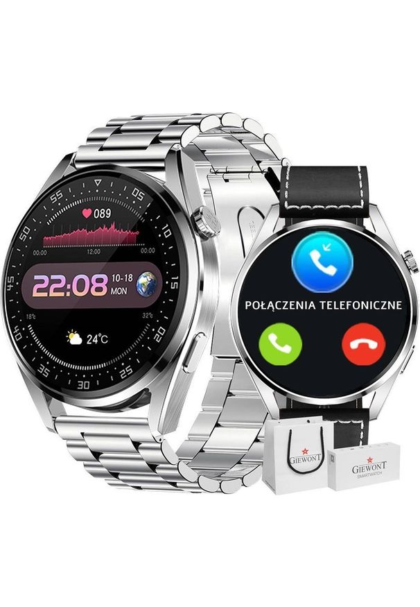 Smartwatch Giewont Smartwatch Giewont GW450-5 Srebrny + Pasek Czarny Skórzany. Rodzaj zegarka: smartwatch. Kolor: srebrny, wielokolorowy, czarny. Materiał: skóra