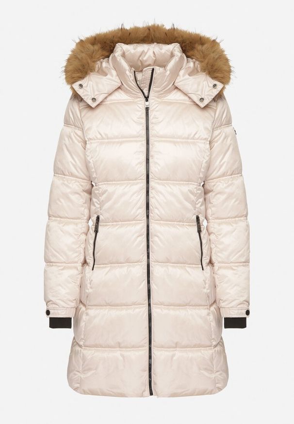 Born2be - Beżowa Długa Kurtka Pikowana z Kapturem z Futrem z Możliwością Odpięcia Feneia. Okazja: na co dzień. Typ kołnierza: kaptur. Kolor: beżowy. Materiał: futro. Długość: długie. Styl: casual