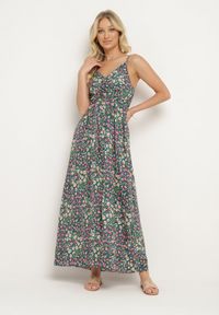 Born2be - Zielona Wiskozowa Sukienka na Regulowanych Ramiączkach z Gumkami na Plecach Zarlea. Okazja: na spacer. Typ kołnierza: dekolt w serek. Kolor: zielony. Materiał: wiskoza. Długość rękawa: na ramiączkach. Wzór: kwiaty #2