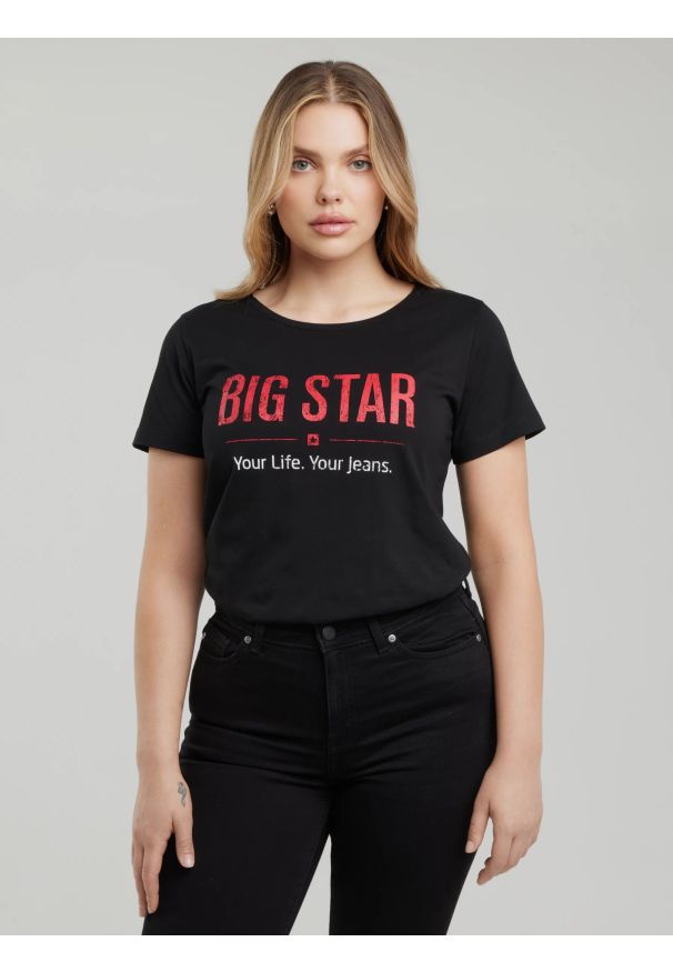 Big-Star - Koszulka damska o klasycznym kroju czarna Brunona 906. Kolor: czarny. Materiał: jeans, bawełna. Wzór: nadruk, aplikacja. Styl: klasyczny