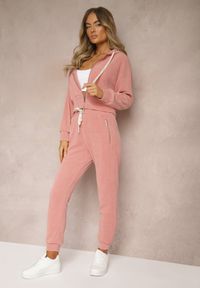 Renee - Różowy Komplet Dresowy z Dodatkiem Bawełny Spodnie z Gumką w Talii Bluza z Kapturem Sesaria. Kolor: różowy. Materiał: dresówka, bawełna. Wzór: kolorowy #5