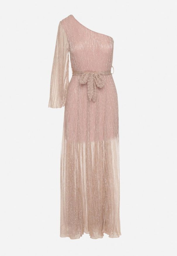 Born2be - Różowa Sukienka o Asymetrycznym Kroju Zdobiona Metaliczną Nicią Afellia. Kolor: różowy. Długość rękawa: długi rękaw. Wzór: aplikacja. Typ sukienki: asymetryczne. Styl: elegancki, klasyczny