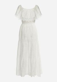 Born2be - Biała Ażurowa Sukienka Hiszpanka Maxi z Bawełny Ozdobiona Koronką Bimiosa. Typ kołnierza: dekolt hiszpanka. Kolor: biały. Materiał: koronka, bawełna. Wzór: koronka, aplikacja, ażurowy. Długość: maxi #4