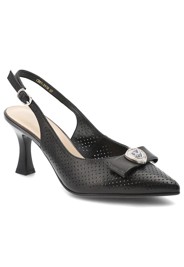 Czółenka damskie S.Barski, skóra naturalna ażurowa cholewka fason slingback regulowany pasek wysoki obcas ozdobna aplikacja, czarne, CR61-3119. Zapięcie: pasek. Kolor: czarny. Materiał: skóra. Szerokość cholewki: normalna. Wzór: ażurowy, aplikacja. Obcas: na obcasie. Wysokość obcasa: wysoki