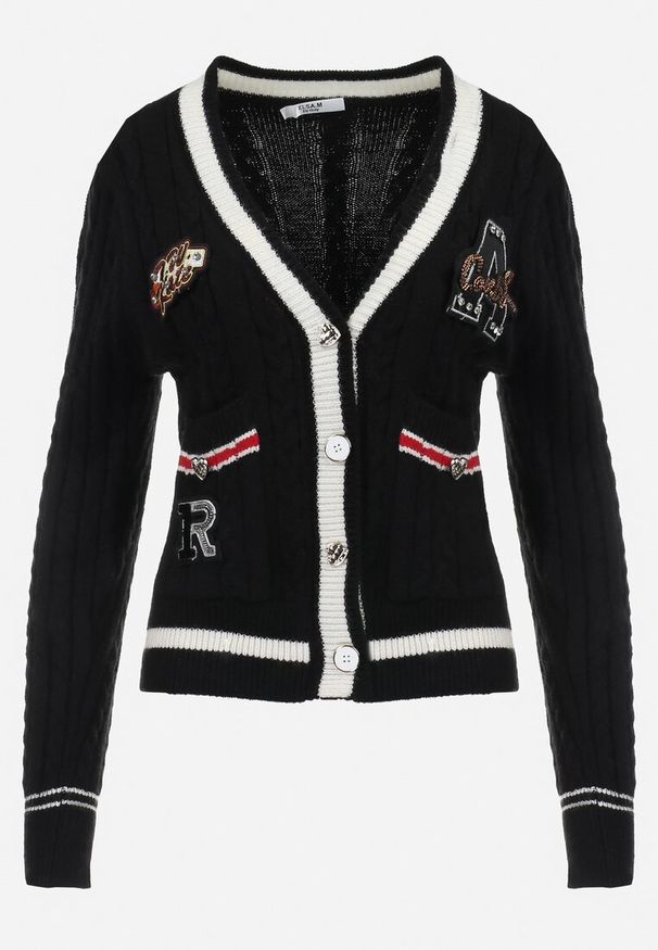 Born2be - Czarny Wiskozowy Sweter Kardigan z Trójkątnym Dekoltem i Ozdobnymi Naszywkami Talu. Kolor: czarny. Materiał: wiskoza. Długość rękawa: długi rękaw. Długość: długie. Wzór: aplikacja