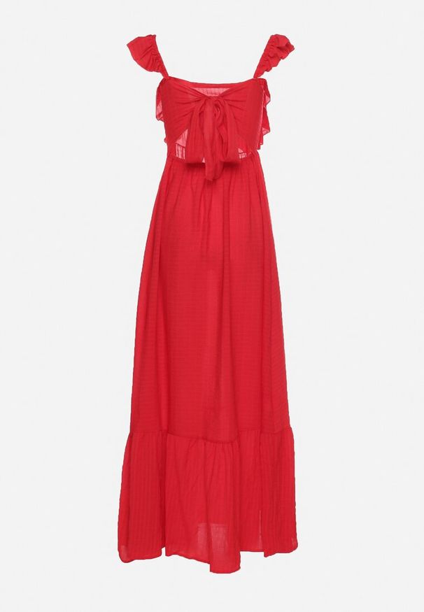 Born2be - Czerwona Sukienka na Ramiączkach z Falbankami i Gumką w Talii z Wiązaniem na Plecach Tiolla. Typ kołnierza: kołnierz z falbankami. Kolor: czerwony. Długość rękawa: na ramiączkach. Styl: elegancki, klasyczny, wizytowy