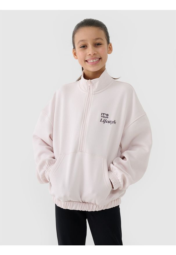 4f - 4F Bluza dresowa nierozpinana bez kaptura dziewczęca - biała 164 (13-14 lat). Okazja: na co dzień. Typ kołnierza: bez kaptura. Kolor: beżowy. Materiał: dresówka. Wzór: napisy, gładki, ze splotem. Sezon: lato. Styl: casual, sportowy