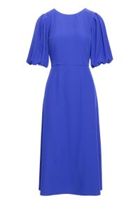 Stylove - Elegancka sukienka koktajlowa z bufiastymi rękawami niebieska. Okazja: na wesele, na imprezę, na ślub cywilny. Kolor: niebieski. Materiał: elastan, materiał. Długość rękawa: krótki rękaw. Sezon: lato. Typ sukienki: rozkloszowane. Styl: elegancki, wizytowy. Długość: midi #5