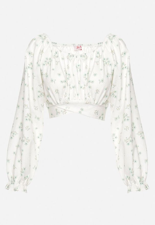 Born2be - Biało-Zielona Bluzka w Stylu Boho w Drobne Kwiatki z Wiązaniem i Bufiastymi Rękawami Afrinda. Kolor: zielony. Wzór: kwiaty. Styl: boho