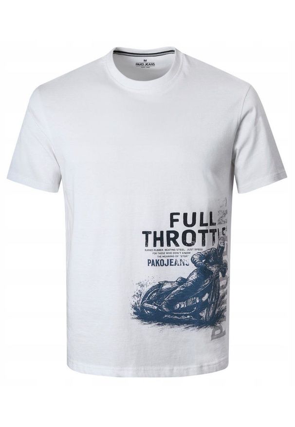 Męska Koszulka (T-Shirt) - Pako Jeans - Biała z Motorem Żużlowym. Okazja: na co dzień. Kolor: biały. Materiał: bawełna. Wzór: nadruk. Styl: casual