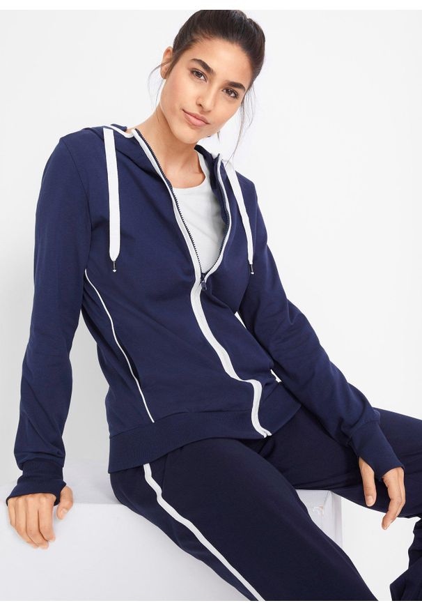 bonprix - Bluza rozpinana z bawełny ze stretchem. Typ kołnierza: kołnierzyk stójkowy, kaptur. Kolor: niebieski. Materiał: bawełna