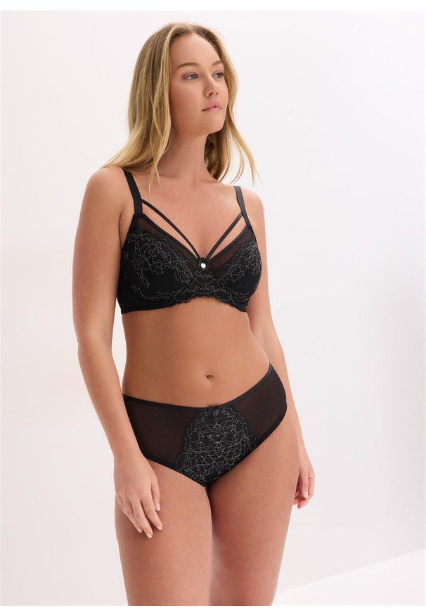 bonprix - Biustonosz minimizer z delikatną koronką. Kolor: czarny. Materiał: koronka, poliamid. Wzór: koronka