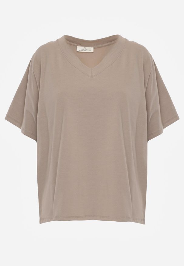Born2be - Beżowy T-shirt z Bawełny z Trójkątnym Dekoltem Siliphe. Okazja: do pracy, na co dzień, na spotkanie biznesowe. Kolor: beżowy. Materiał: bawełna. Styl: elegancki, biznesowy, casual