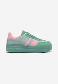 Renee - Zielono-Różowe Sneakersy w Stylu Tenisówek z Geometrycznym Wzorem Melundea. Okazja: na co dzień. Kolor: zielony. Materiał: jeans. Wzór: geometria. Obcas: na obcasie. Wysokość obcasa: niski #6