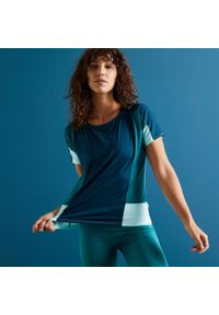 DOMYOS - Koszulka krótki rękaw fitness Color Block. Kolor: zielony, niebieski, wielokolorowy, turkusowy. Materiał: materiał, poliester, elastan. Długość rękawa: krótki rękaw. Długość: krótkie. Sport: fitness #1