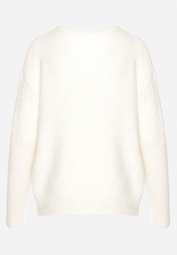 Born2be - Jasnobeżowy Sweter z Wełną Ozdobiony Metaliczną Nicią Senatira. Okazja: do pracy. Kolor: beżowy. Materiał: wełna. Długość rękawa: długi rękaw. Długość: długie. Wzór: aplikacja. Styl: klasyczny, elegancki