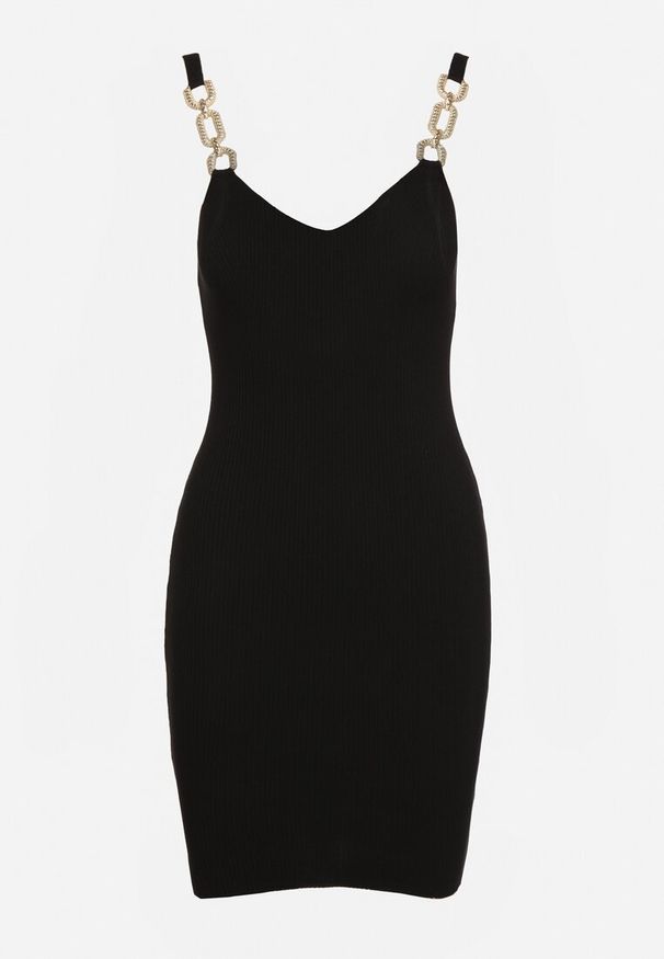 Born2be - Czarna Dopasowana Sukienka z Prążkowanego Materiału z Ażurowym Dekoltem Medna. Okazja: na co dzień. Kolor: czarny. Materiał: materiał, prążkowany. Wzór: ażurowy. Typ sukienki: proste. Styl: elegancki, klasyczny, casual