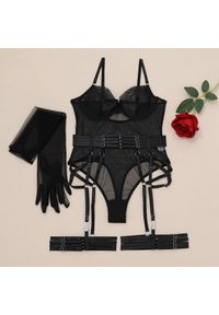 Intica - Body z pasem do pończoch z regulowanymi paskami bielizna damska Naydenka. Kolor: czarny. Materiał: materiał. Wzór: paski