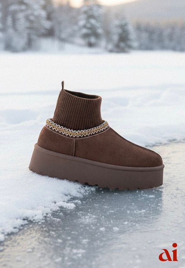 Renee - Brązowe Śniegowce VICES na Platformie ze Skarpetkową Cholewką i Haftem Ebentia. Kolor: brązowy. Materiał: dzianina, jeans, puch. Szerokość cholewki: normalna. Wzór: haft. Sezon: zima. Obcas: na platformie