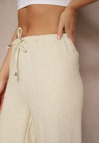 Renee - Beżowe Wiskozowe Spodnie o Szerokim Kroju Wiązanie w Pasie Falriza. Okazja: na co dzień. Kolor: beżowy. Materiał: wiskoza. Styl: casual, elegancki #4