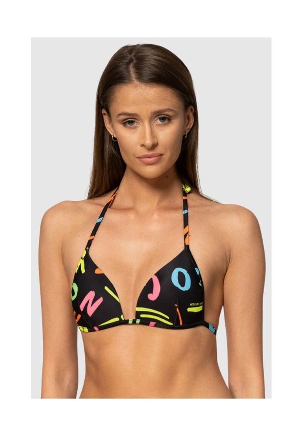 MOSCHINO Czarna góra od bikini w neonowe litery, Rozmiar M. Kolor: czarny. Wzór: aplikacja
