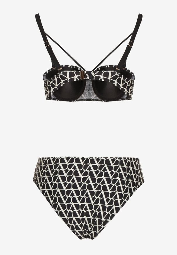 Born2be - Czarne Bikini Biustonosz z Ozdobnymi Paskami i Majtki Figi Linadora. Kolor: czarny. Wzór: haft