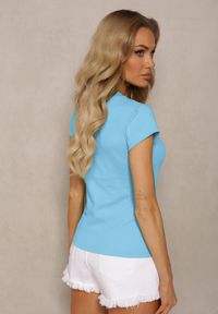 Renee - Niebieski T-shirt z Bawełny Koszulka z Krótkim Rękawem z Dekoltem Ozdobionym Napami Fulana. Kolor: niebieski. Materiał: bawełna. Długość rękawa: krótki rękaw. Długość: krótkie. Wzór: aplikacja. Styl: elegancki #5