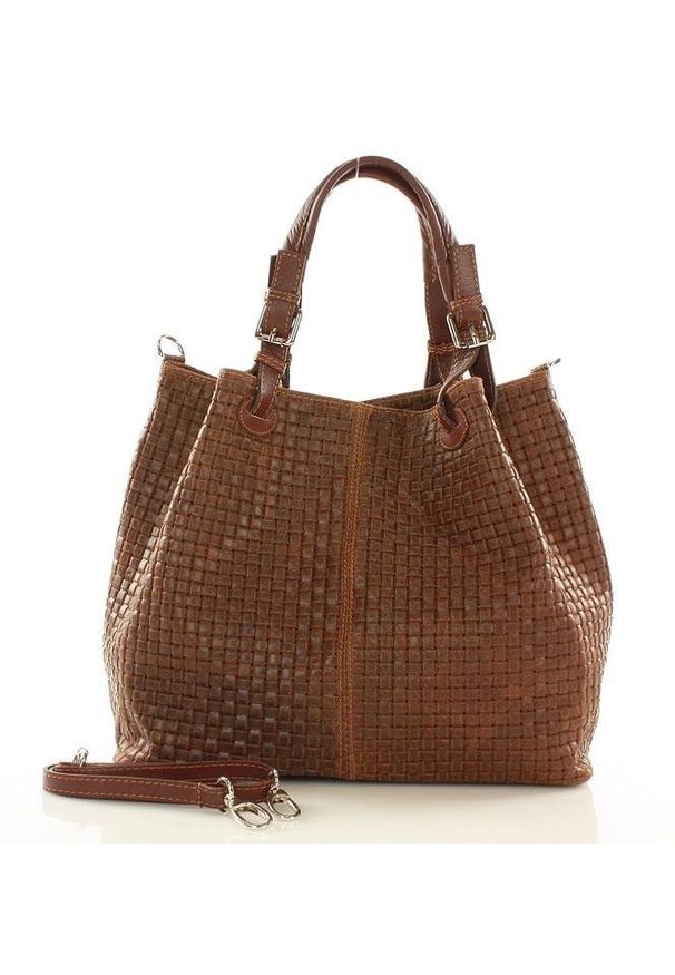 GENUINE LEATHER - Brązowa Włoska Torebka Typu Shopper - Carina Treccia. Kolor: brązowy