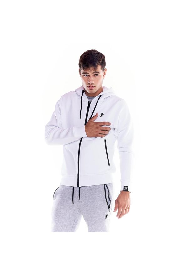 LEONE 1947 APPAREL - Męska, miękka bluza z kapturem i zamkiem błyskawicznym z ikoną lwa. Typ kołnierza: kaptur. Kolor: biały. Materiał: tkanina. Sport: fitness