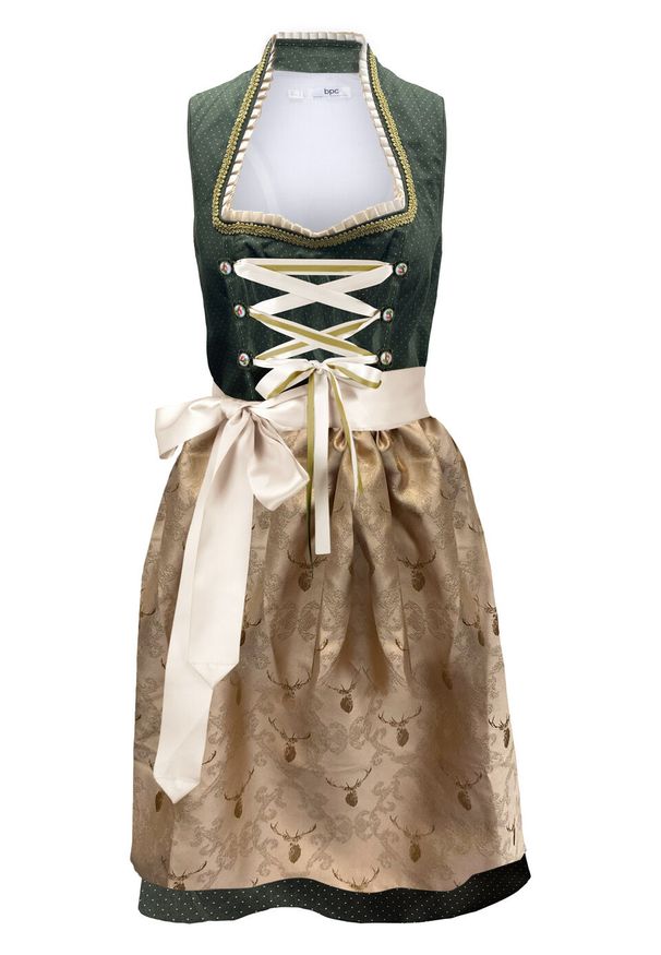 Sukienka ludowa ze stójką bonprix ciemny khaki w kropki. Typ kołnierza: kołnierzyk stójkowy. Kolor: zielony. Wzór: kropki
