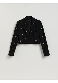 Reserved - Marynarka z aplikacjami - czarny. Kolor: czarny. Materiał: wiskoza, dzianina. Długość: krótkie. Wzór: aplikacja #1
