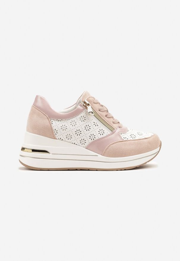 Born2be - Różowe Sneakersy na Ukrytym Koturnie z Ozdobnym Suwakiem i Ażurowym Wzorem Reladia. Nosek buta: okrągły. Zapięcie: sznurówki. Kolor: różowy. Materiał: materiał. Wzór: ażurowy. Obcas: na koturnie. Wysokość obcasa: średni