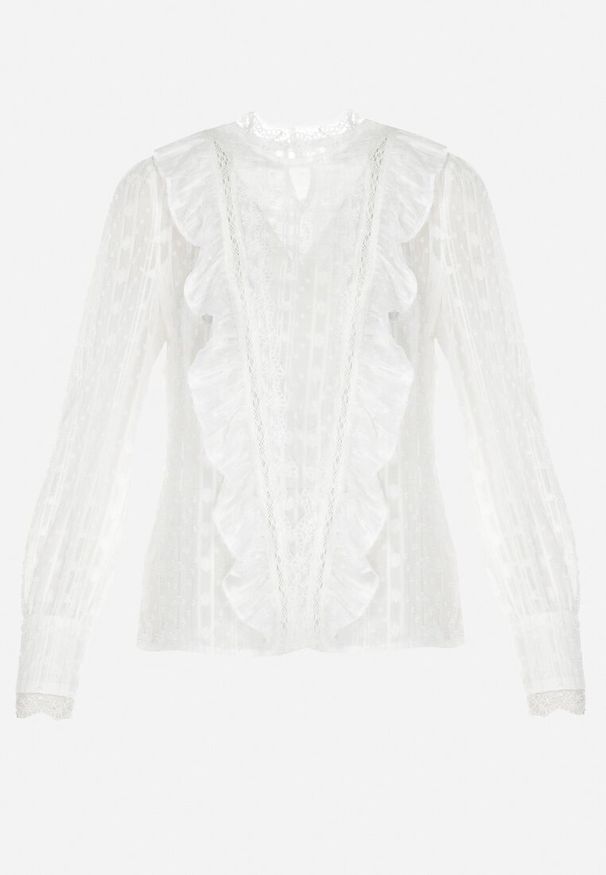 Born2be - Biała Bluzka z Koronką i Metaliczną Nitką Moressley. Typ kołnierza: kołnierz z falbankami, kołnierzyk stójkowy. Kolor: biały. Materiał: koronka. Długość: długie. Wzór: koronka