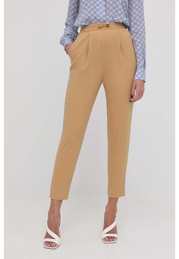 Elisabetta Franchi spodnie damskie kolor beżowy proste high waist. Okazja: na co dzień. Stan: podwyższony. Kolor: beżowy. Materiał: tkanina. Styl: casual