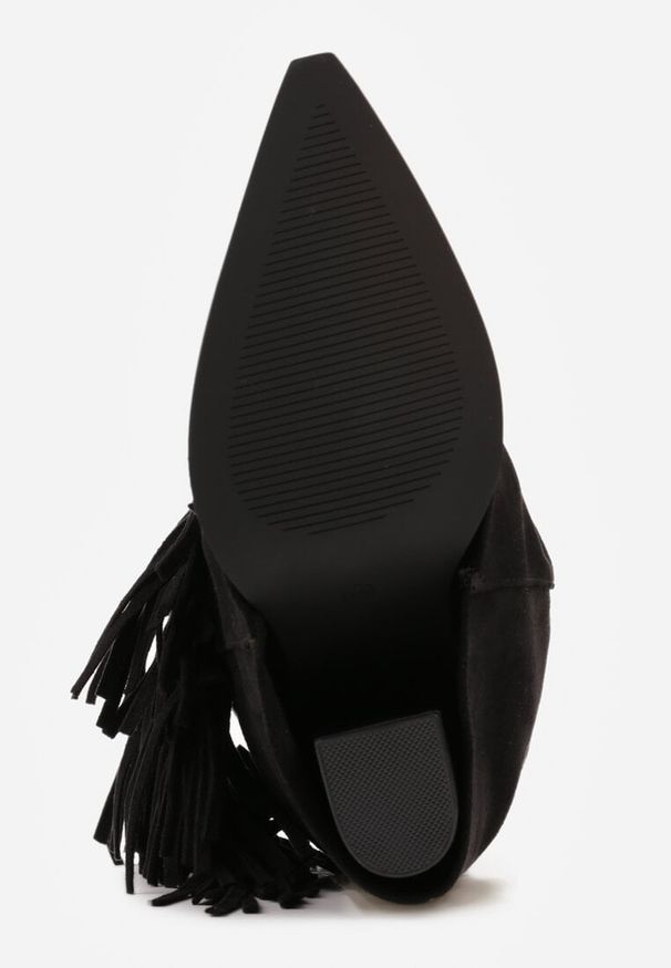 Renee - Czarne Botki Kowbojki na Słupku Ozdobione Frędzlami i Wywiniętą Cholewką Aedime. Okazja: na co dzień. Kolor: czarny. Szerokość cholewki: normalna. Wzór: aplikacja. Obcas: na słupku. Styl: casual