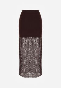 Born2be - Brązowa Dzianinowa Spódnica z Wiskozą Zdobiona Koronką i Guzikami Sewora. Okazja: na co dzień. Kolor: brązowy. Materiał: wiskoza, dzianina, koronka. Wzór: aplikacja, koronka. Styl: casual, klasyczny #6