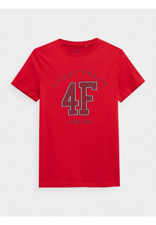 4f - T-shirt z nadrukiem chłopięcy. Kolor: czerwony. Materiał: dzianina, bawełna. Wzór: nadruk