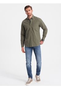Ombre Clothing - Bawełniana męska koszula REGULAR FIT z kieszenią - khaki V4 OM-SHOS-0153 - XXL. Typ kołnierza: kołnierzyk klasyczny. Kolor: brązowy. Materiał: bawełna. Długość rękawa: długi rękaw. Długość: długie. Styl: klasyczny #4