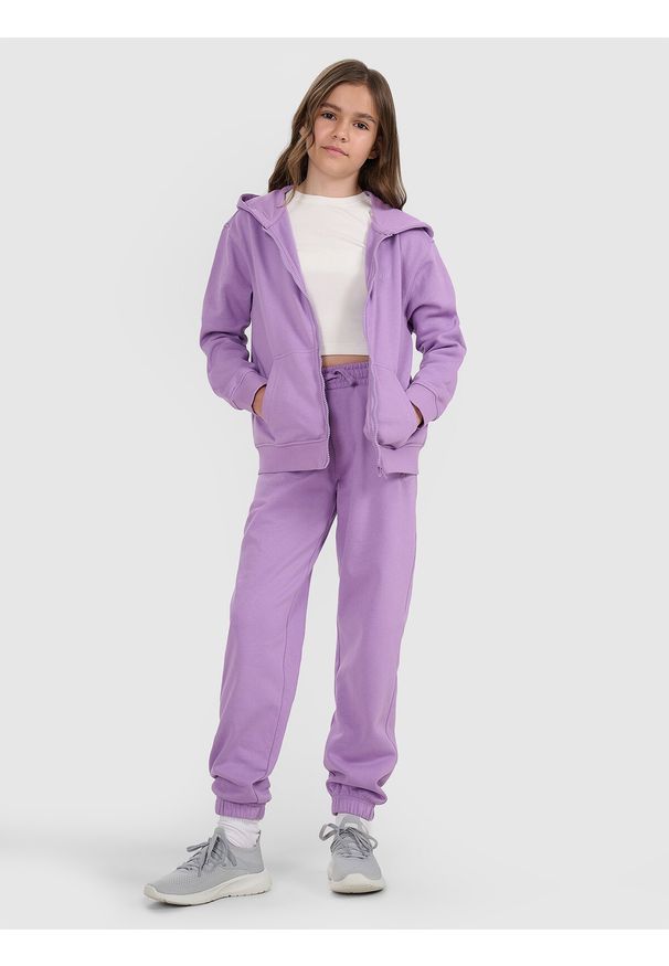 4f - 4F Bluza dresowa rozpinana z kapturem dziewczęca - fioletowa 164 (13-14 lat). Okazja: na co dzień. Typ kołnierza: kaptur. Kolor: fioletowy. Materiał: dresówka. Wzór: gładki, ze splotem. Sezon: lato. Styl: casual, sportowy