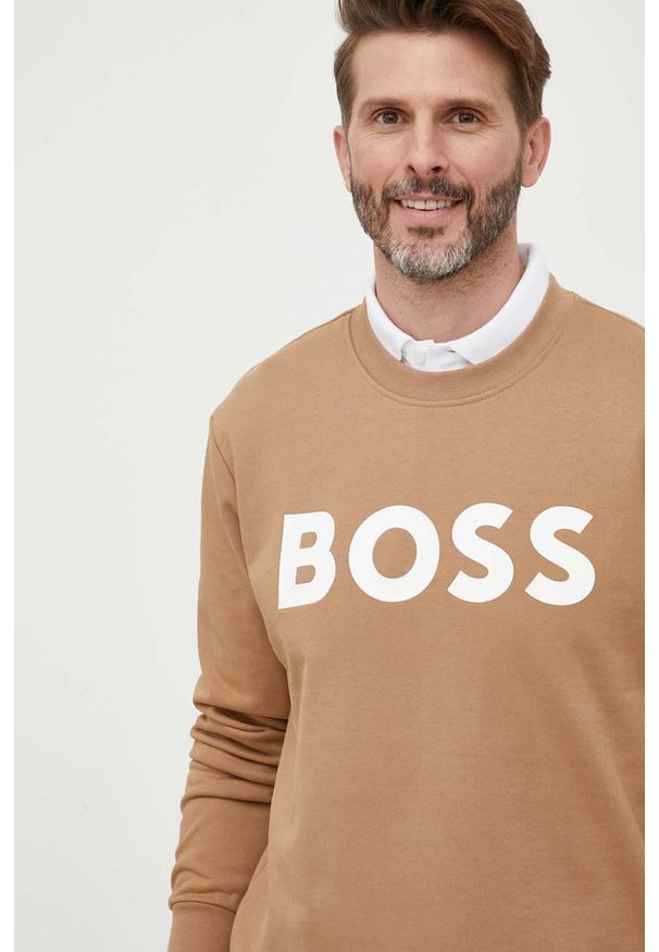 BOSS bluza bawełniana męska kolor beżowy z nadrukiem. Kolor: beżowy. Materiał: bawełna. Wzór: nadruk. Styl: klasyczny