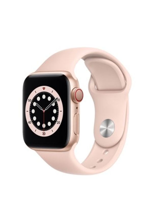 APPLE Watch 6 Cellular 44mm (Złoty z opaską sportową w kolorze różowym). Rodzaj zegarka: smartwatch. Kolor: złoty, wielokolorowy, różowy. Materiał: poliester, nylon, guma, materiał. Styl: sportowy