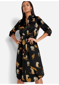 bonprix - Sukienka szmizjerka satynowa. Kolor: czarny. Materiał: satyna. Wzór: nadruk. Typ sukienki: szmizjerki #2
