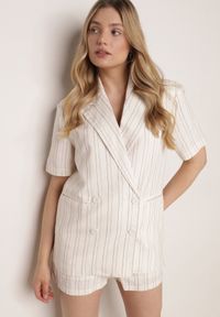 Born2be - Beżowy Komplet z Bawełną i Wiskozą Dwurzędowa Bluzka i Szorty w Paski Vervain. Kolor: beżowy. Materiał: wiskoza, bawełna. Wzór: paski #7