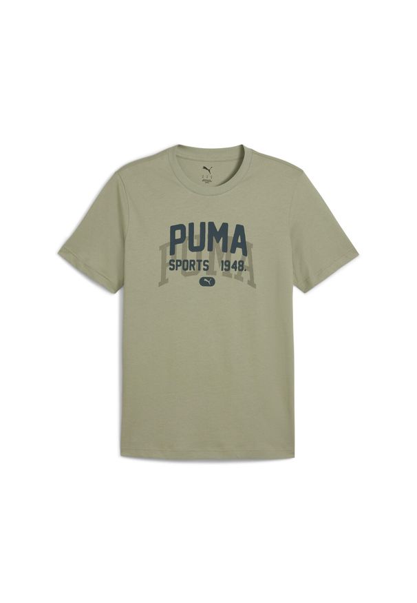 Puma - Męska koszulka z grafiką w uniwersyteckim stylu PUMA. Kolor: czarny, zielony, wielokolorowy. Sport: bieganie