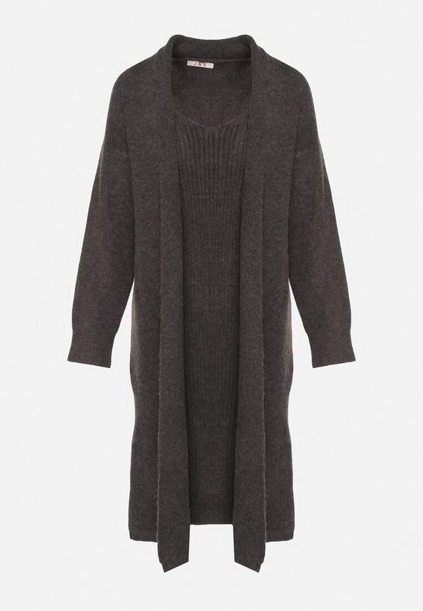 Born2be - Ciemnoszary Komplet Dzianinowy z Wełną Długi Kardigan i Sukienka w Prążki Falandrea. Kolor: szary. Materiał: dzianina, wełna. Wzór: prążki