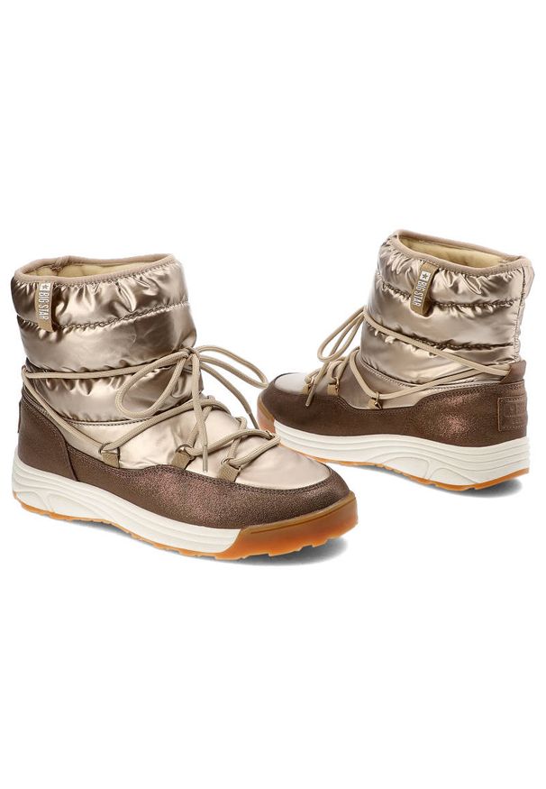 Big-Star - Złote Śniegowce Big Star Modne Ocieplane Buty Damskie. Kolor: złoty. Materiał: wełna, materiał, syntetyk, skóra ekologiczna, futro. Szerokość cholewki: normalna. Sezon: zima. Obcas: na obcasie. Wysokość obcasa: niski