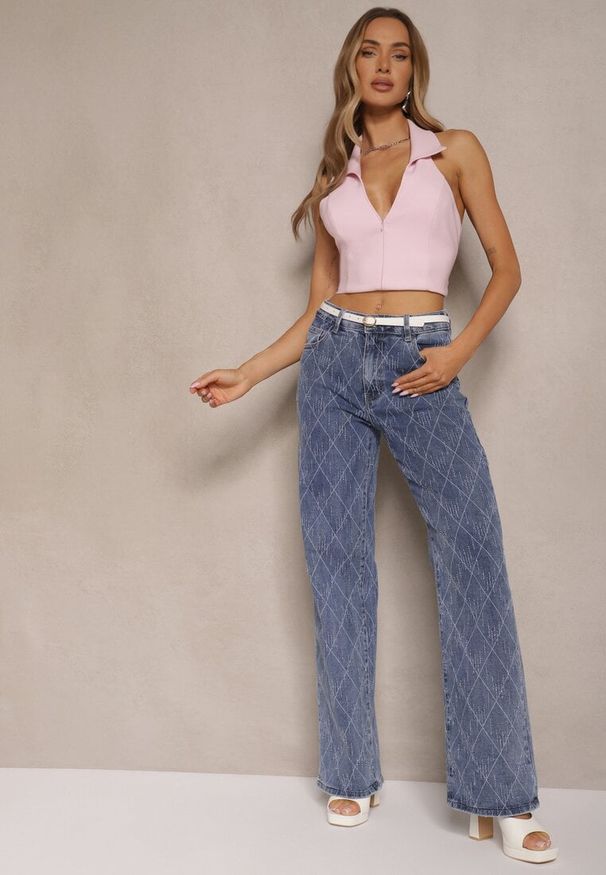 Renee - Niebieskie Jeansy High Waist z Szeroką Nogawką w Romby Carinell. Okazja: na co dzień. Stan: podwyższony. Kolor: niebieski. Styl: casual, elegancki