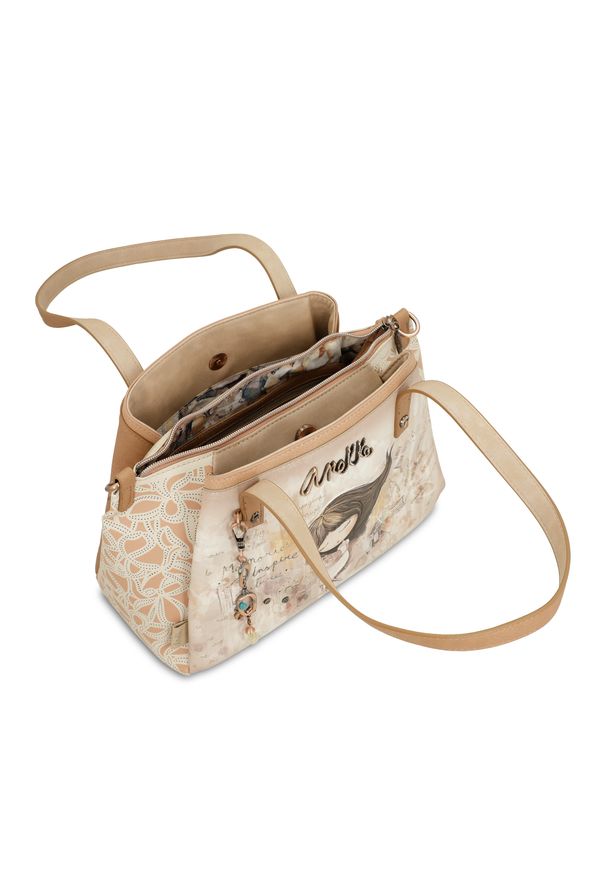 Beżowa Torebka Anekke Modny Kuferek Damski Premium. Kolor: beżowy. Wzór: aplikacja, haft, napisy. Dodatki: z aplikacjami, z haftem. Styl: casual. Rodzaj torebki: na ramię