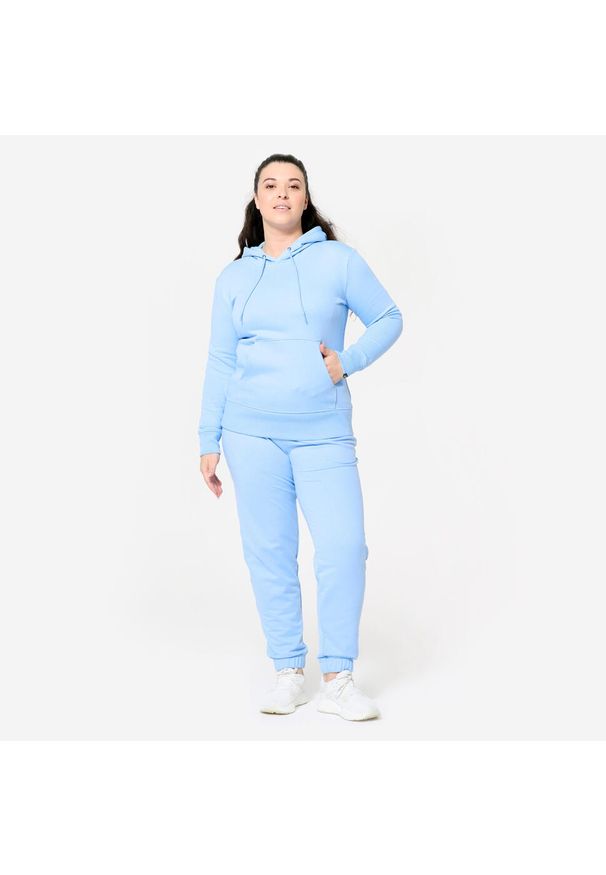 DOMYOS - Bluza z kapturem damska Domyos Gym & Pilates. Typ kołnierza: kaptur. Kolor: niebieski. Materiał: tkanina, prążkowany, poliester, materiał, bawełna, włókno, elastan. Długość: długie. Sport: joga i pilates